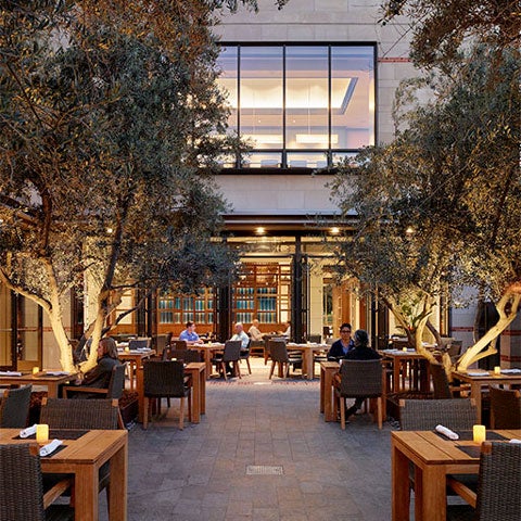 Outdoor patio with guests seated and eating.